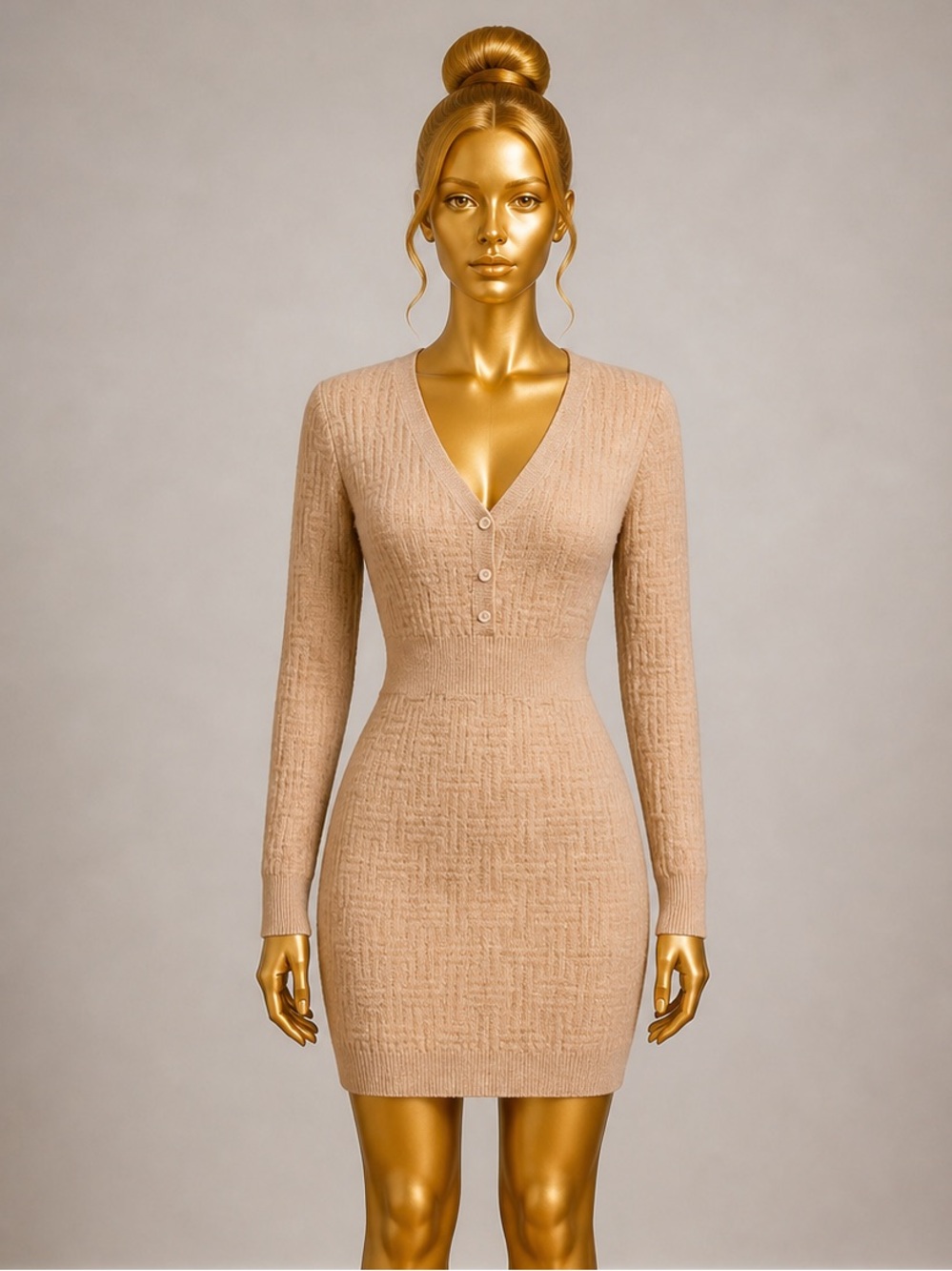 Chic Beige Long Sleeve Knit Dress